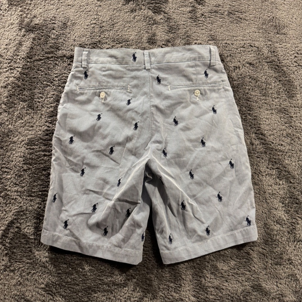 Polo Ralph Lauren Mens 30 Seersucker Shorts Blue White Striped Embroidered Pony
